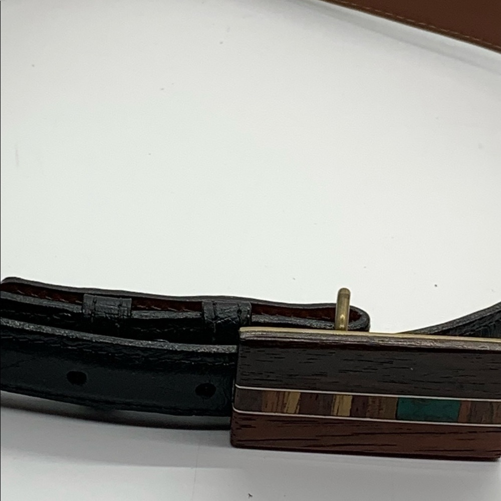 VINTAGE INLAY WOODEN & TURQUOISE BUCKLE AND OSTRICH BELT 26 - Picture 3 of 6